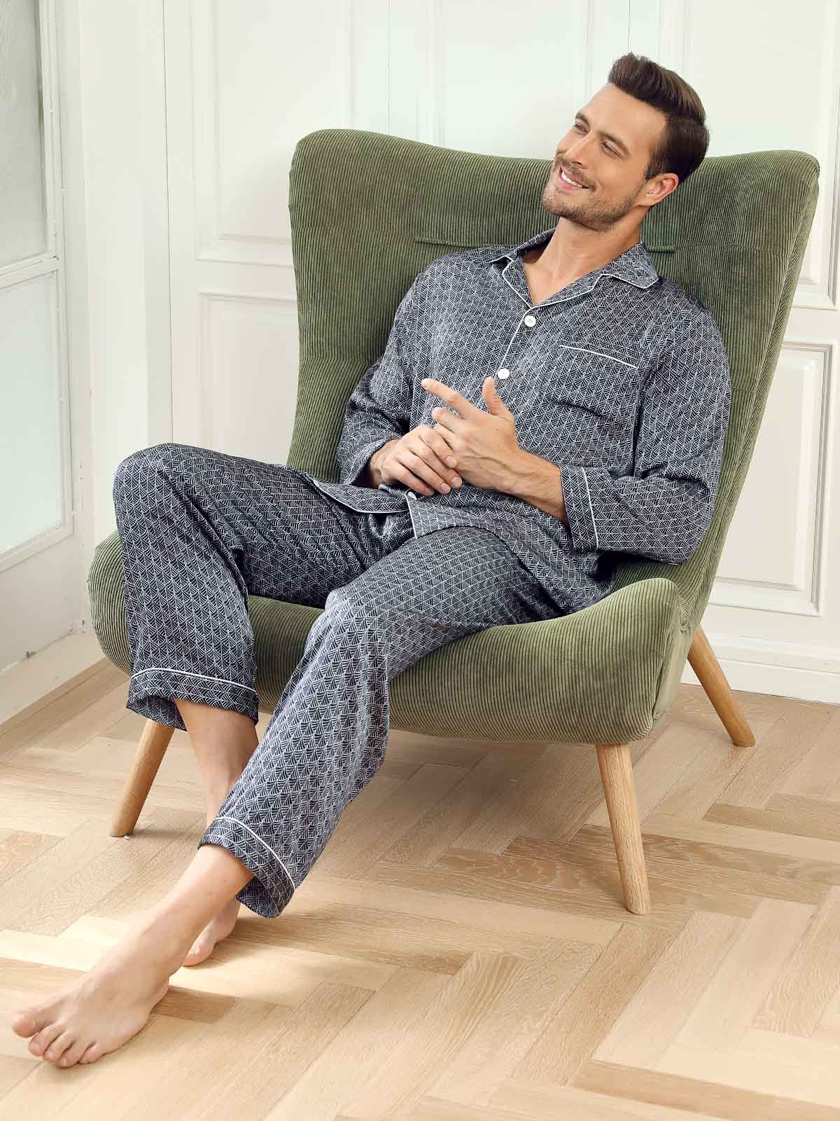 [Marine Ginkgo] SilkSilky-DK 19Momme Mens Pajamas 008