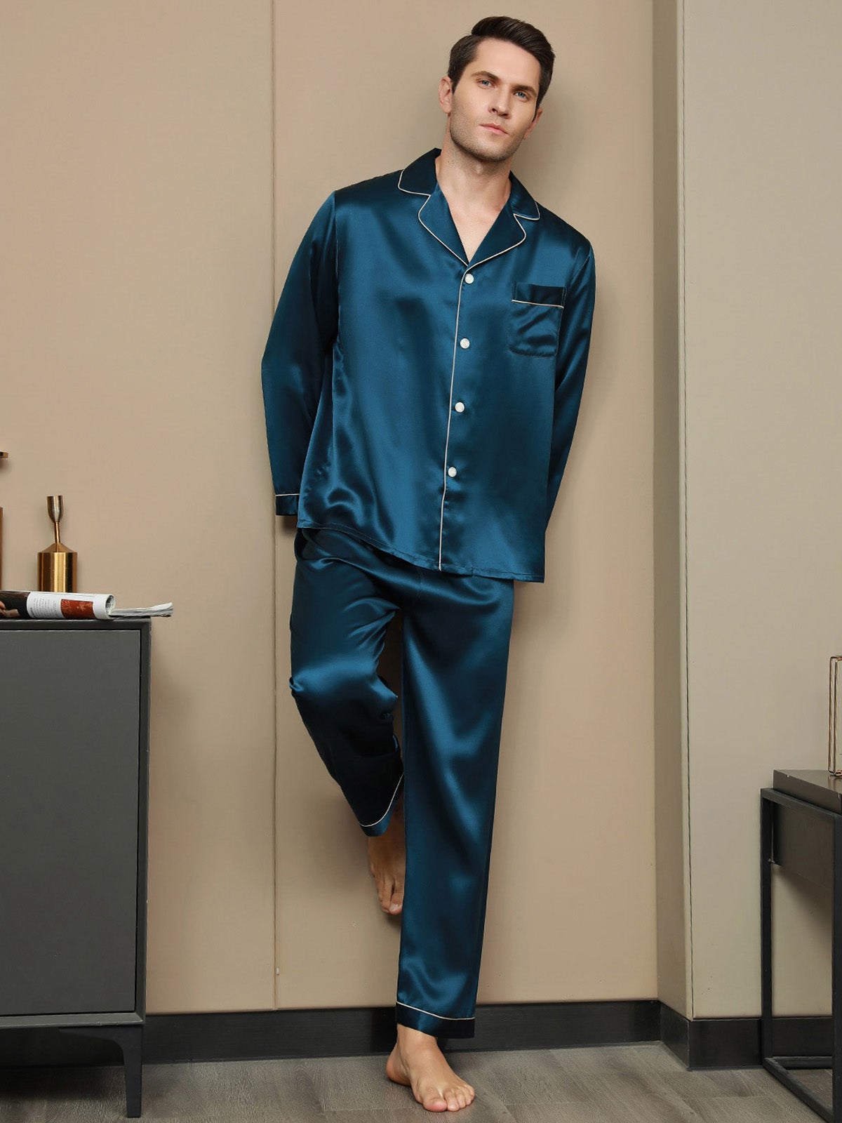 [Blågrøn] SilkSilky-DK 19Momme Mens Pajamas 004