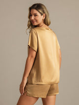[Tan] SilkSilky-DK 19Momme Kort ærme Rund Hals Dame Pyjamas 002