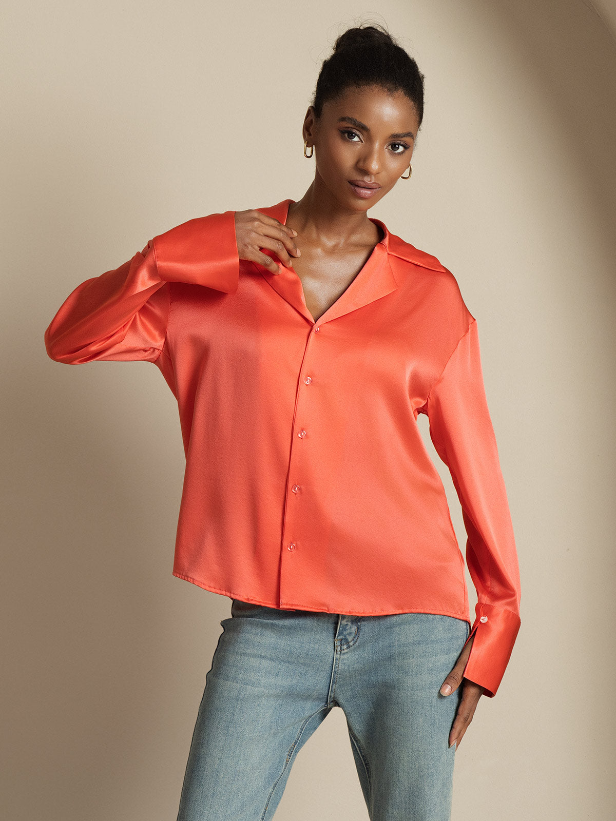 [Kejserlig Rød] SilkSilky-DK 19Momme Silke Womens Shirt 007