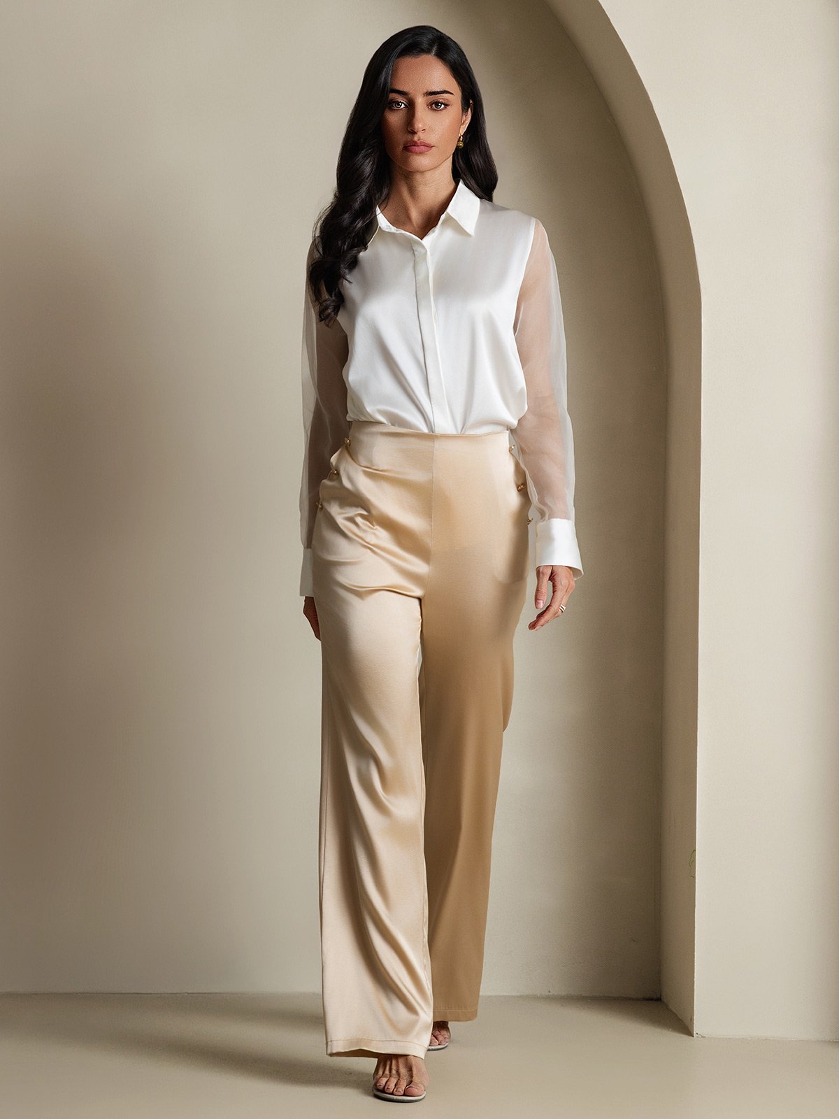 [Hvid] SilkSilky-DK 19Momme Silke Lapel Collar Dameskjorte 006