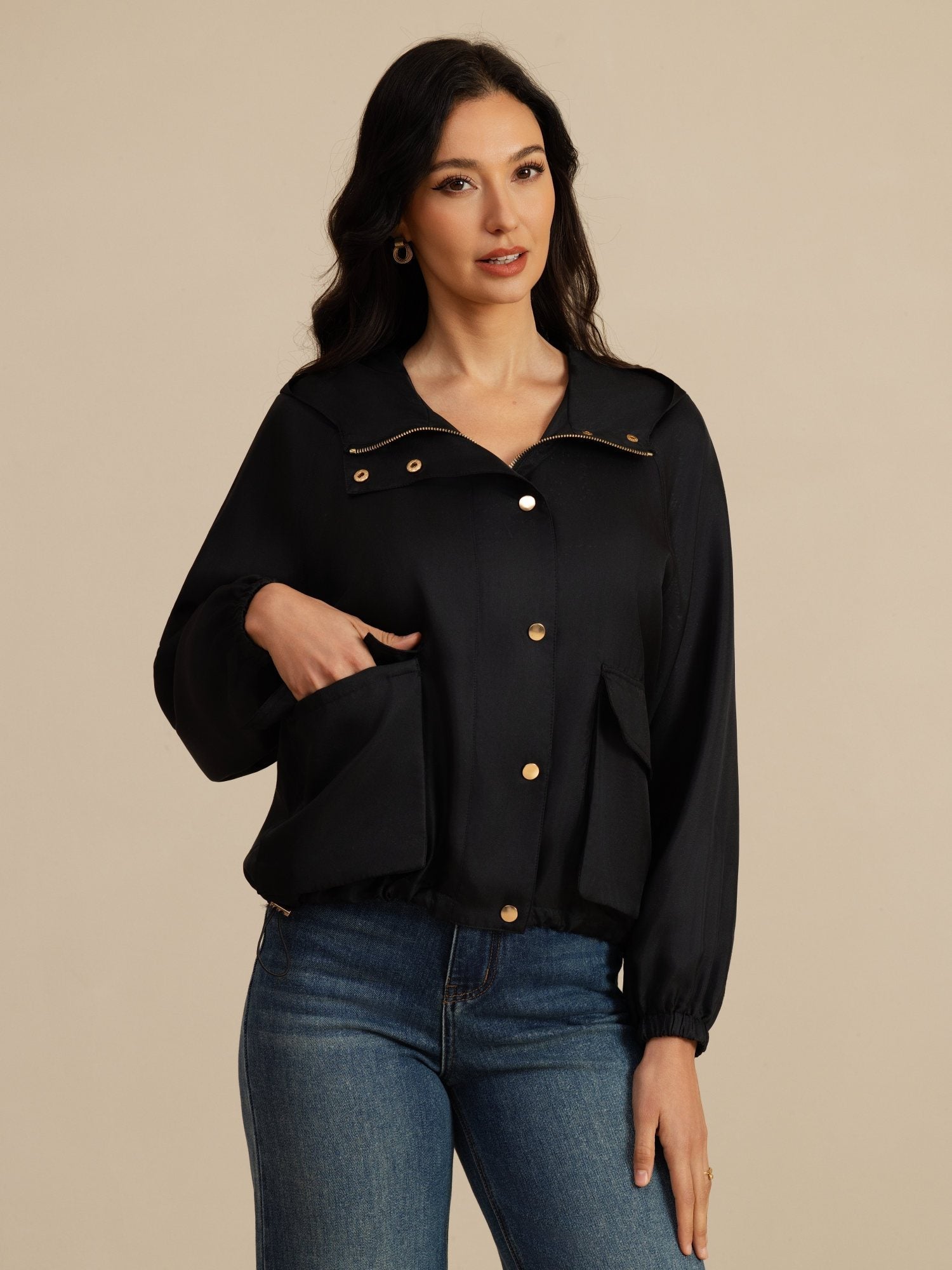 [Sort] SilkSilky-DK Langærmet Høj Hals Overtøj til Kvinder 003