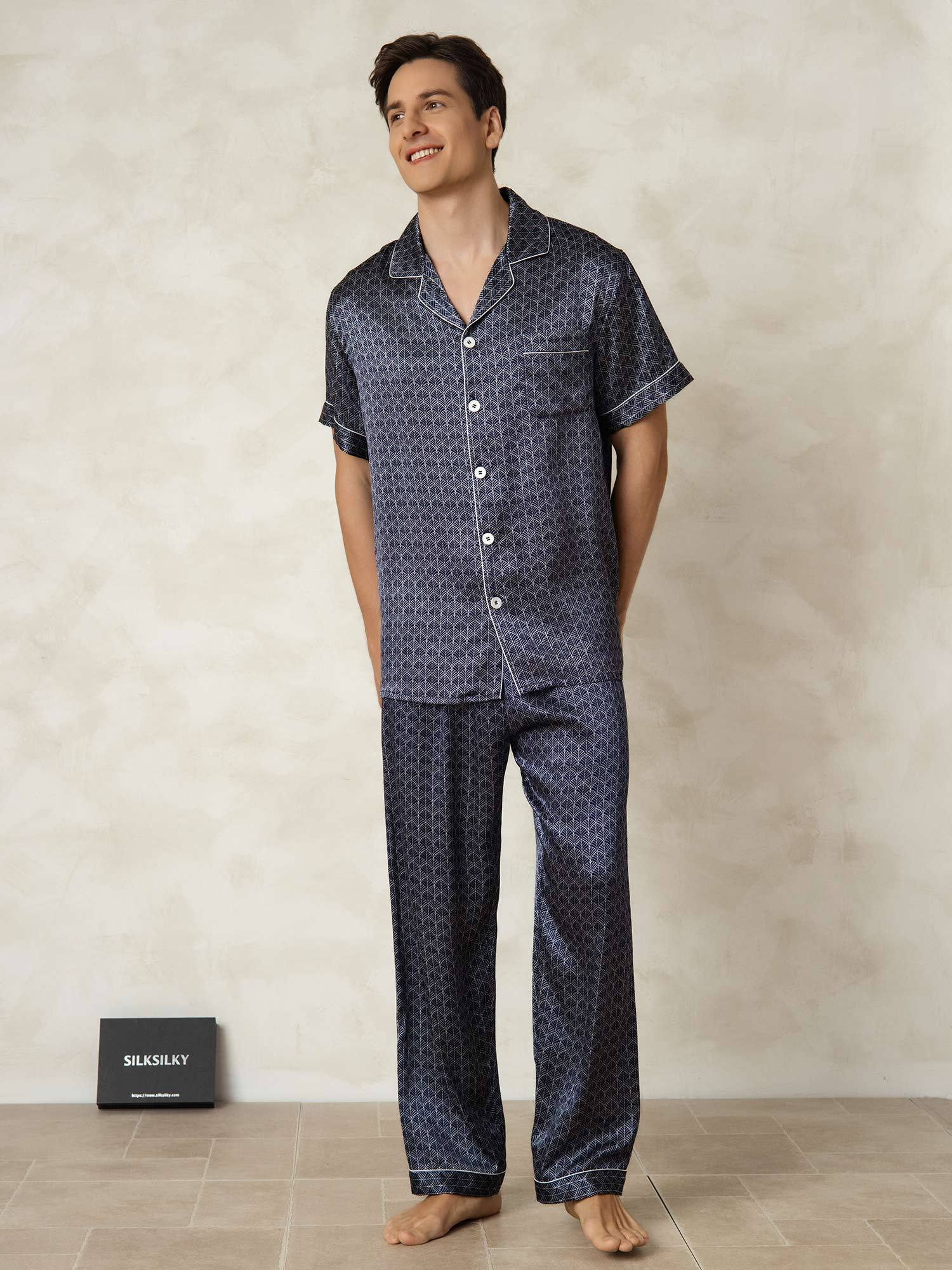 [MarineGinkgo] SilkSilky-DK Silke Lapel Collar Pyjamas til Mænd 001