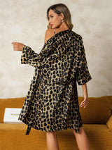 [Leopard] SilkSilky-DK 3/4 Sleeve V Neck Natkjole & Morgenkåbe Sæt 002