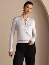[Grå] SilkSilky-DK Long Sleeve Wrap Damebluser 003