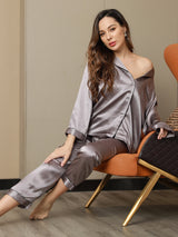 [Grå] SilkSilky-DK Langærmet Notchkrage Dame Pyjamas 009
