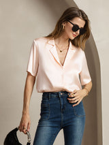 [Lyserød] SilkSilky-DK Short Sleeve Lapel Collar Dameskjorte 005