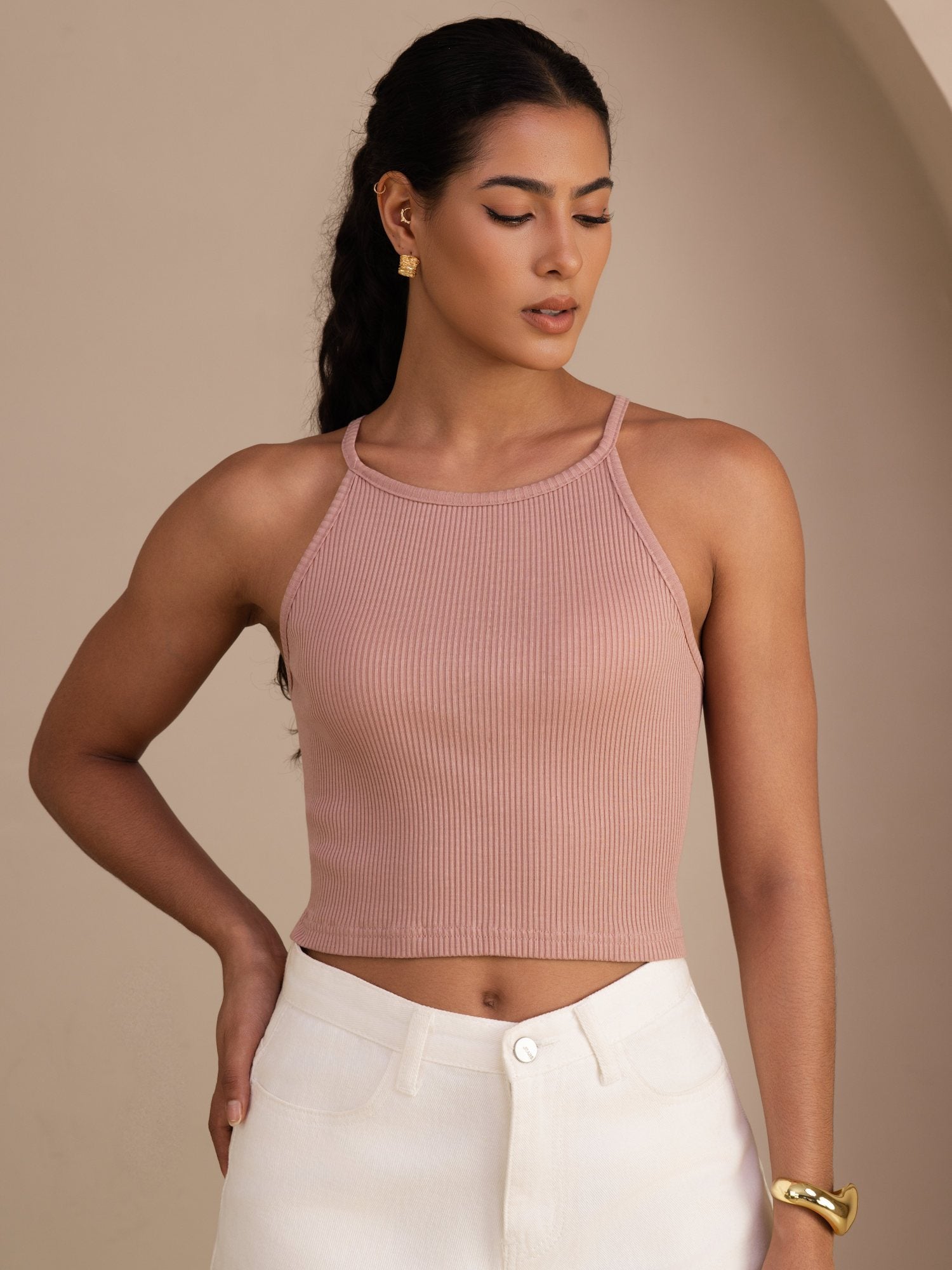 [Lyserød] SilkSilky-DK Sleeveless Crew Neck Camisole Top 001