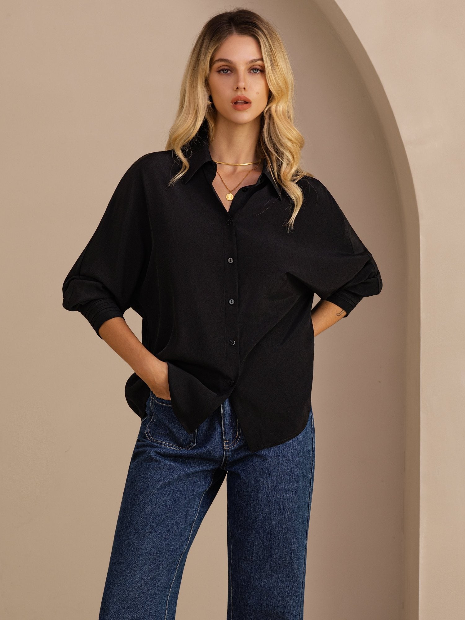 [Sort] SilkSilky-DK Long Sleeve Lapel Collar Dameskjorte 001