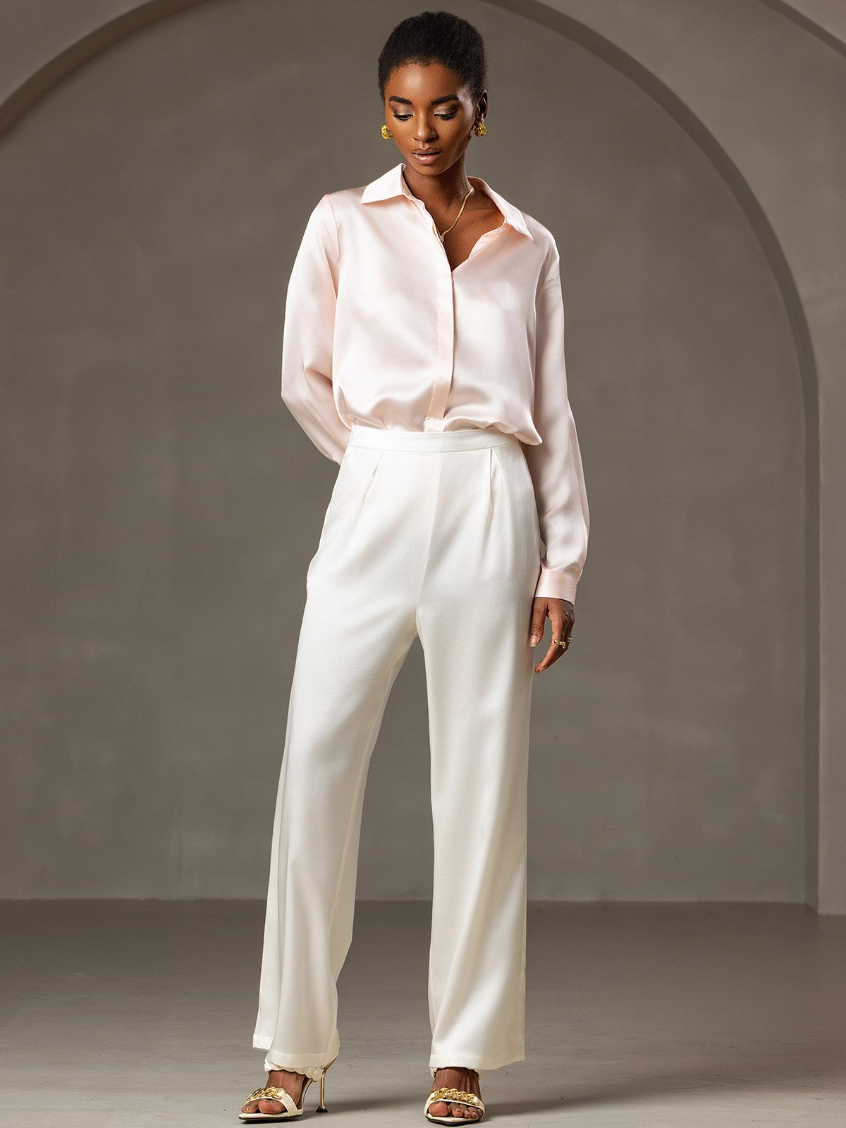 [Lyserød] SilkSilky-DK 19Momme Silke Womens Shirt 006