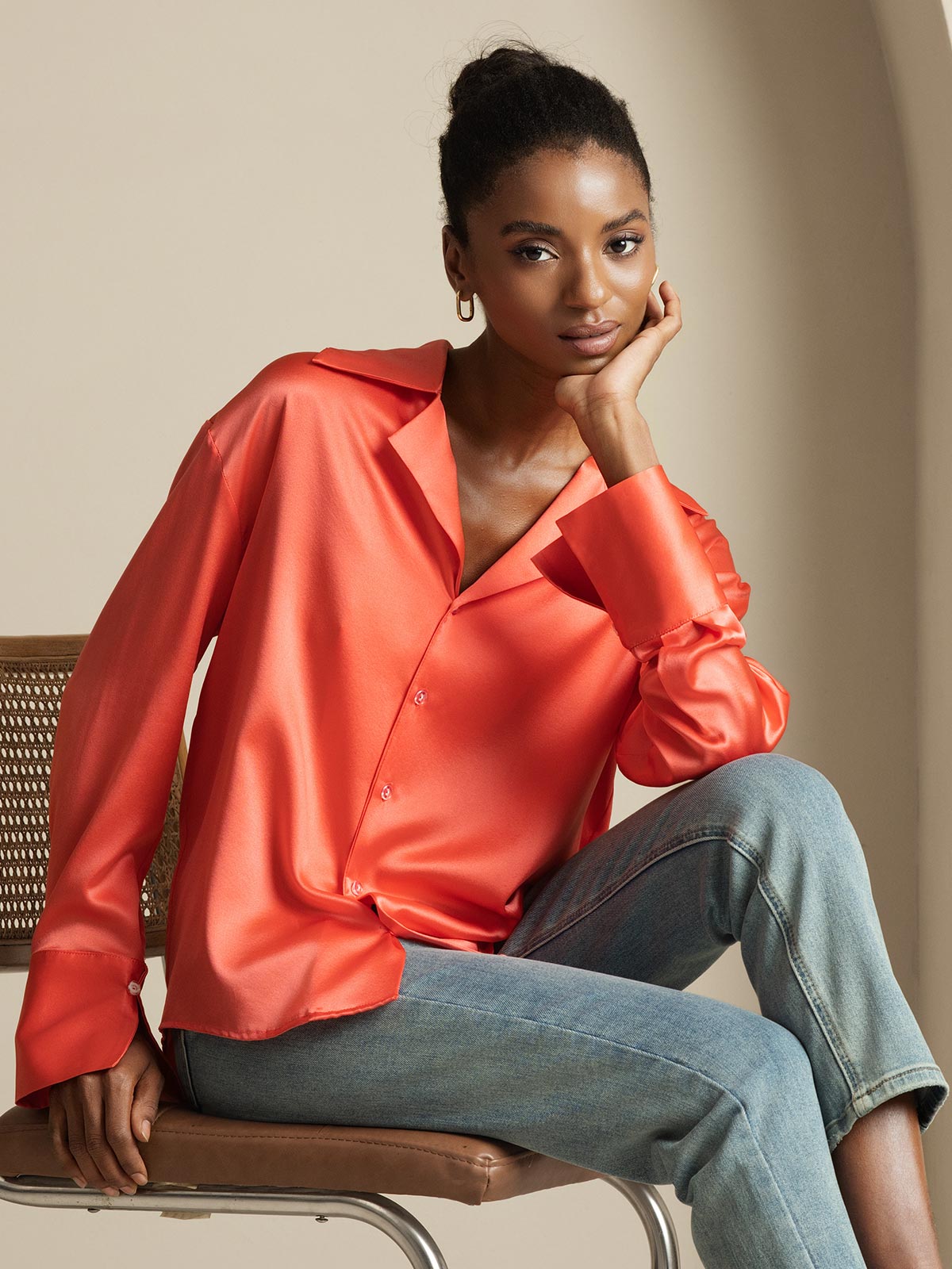 [Kejserlig Rød] SilkSilky-DK 19Momme Silke Womens Shirt 001