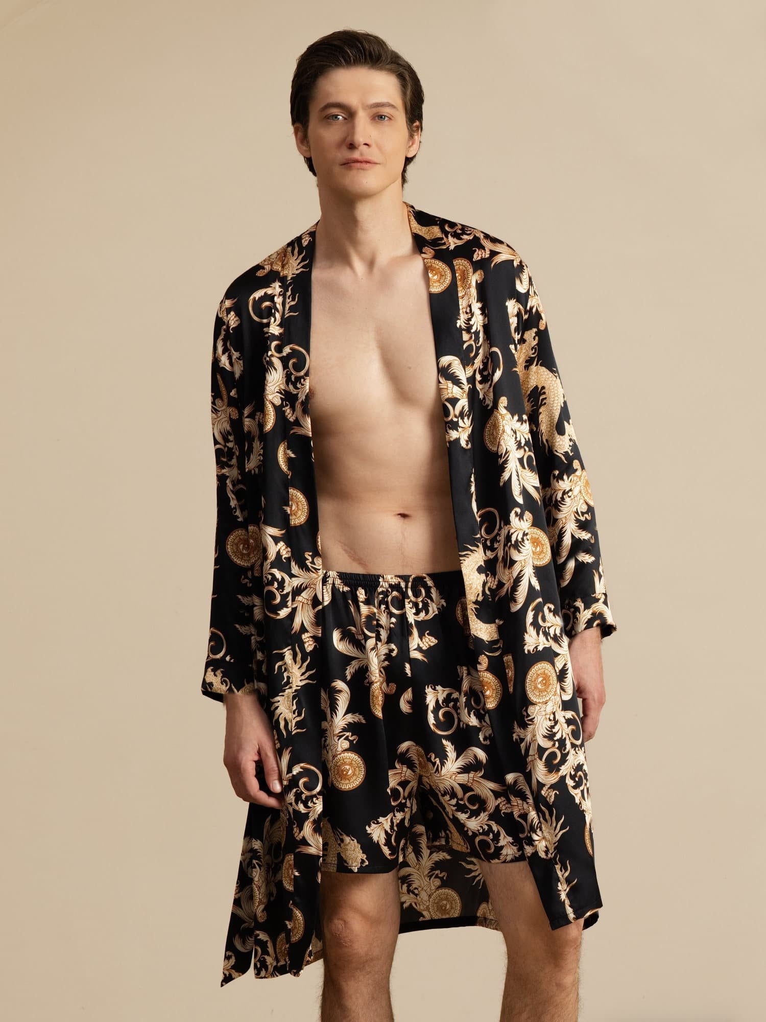 [Sort Drage] SilkSilky-DK Long Sleeve Pyjamas til Mænd 001
