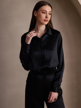 [Sort] SilkSilky-DK Long Sleeve Lapel Collar Dameskjorte 001