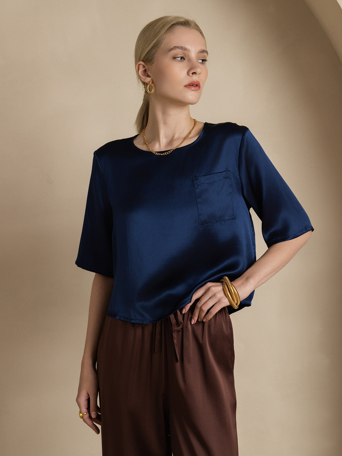 [Mørkeblå] SilkSilky-DK Pure Silk Half Sleeve Boat Neck T-shirt til kvinder 004