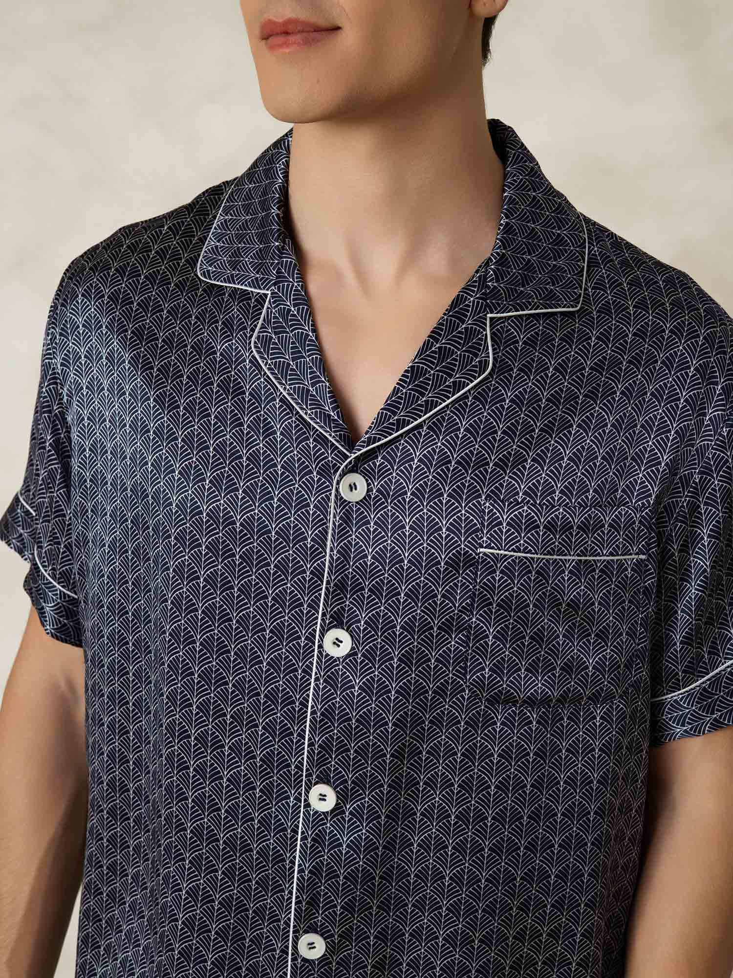 [MarineGinkgo] SilkSilky-DK Silke Lapel Collar Pyjamas til Mænd 007