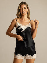 [Sort] SilkSilky-DK Spaghetti Rem V Hals Camisole Sæt 003