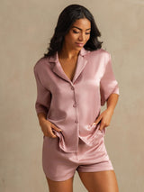 [Ferskenhud] SilkSilky-DK 19Momme Halv ærme Notchkrage Dame Pyjamas 003