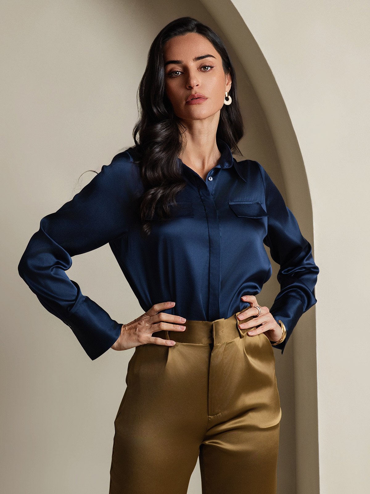 SilkSilky-DK 19Momme Silke Womens Shirt Mørkeblå 003