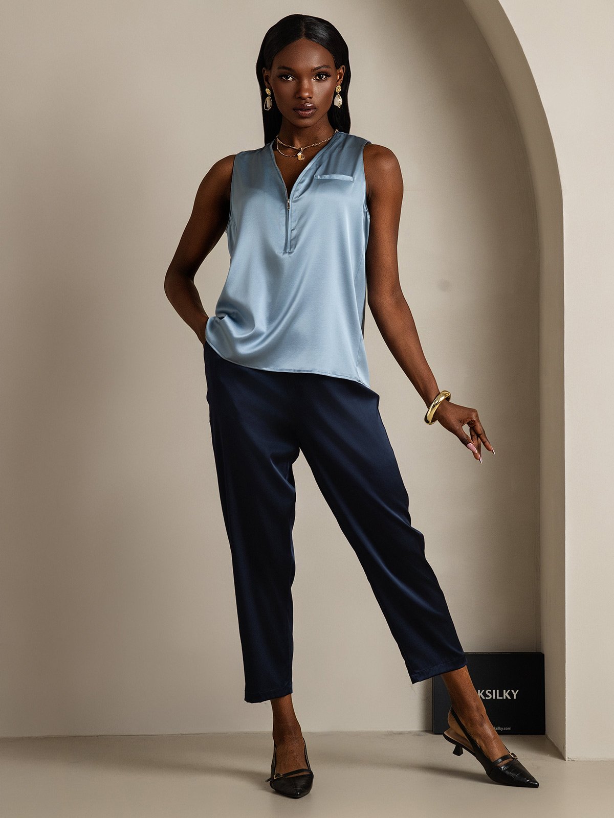 SilkSilky-DK 19Momme Silke Womens Shirt Gråblå 005