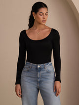 [Sort] SilkSilky-DK Long Sleeve U hals T-shirt til kvinder 003