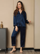 [Mørkeblå] SilkSilky-DK Long Sleeve Lapel Collar Dame Pyjamas 005