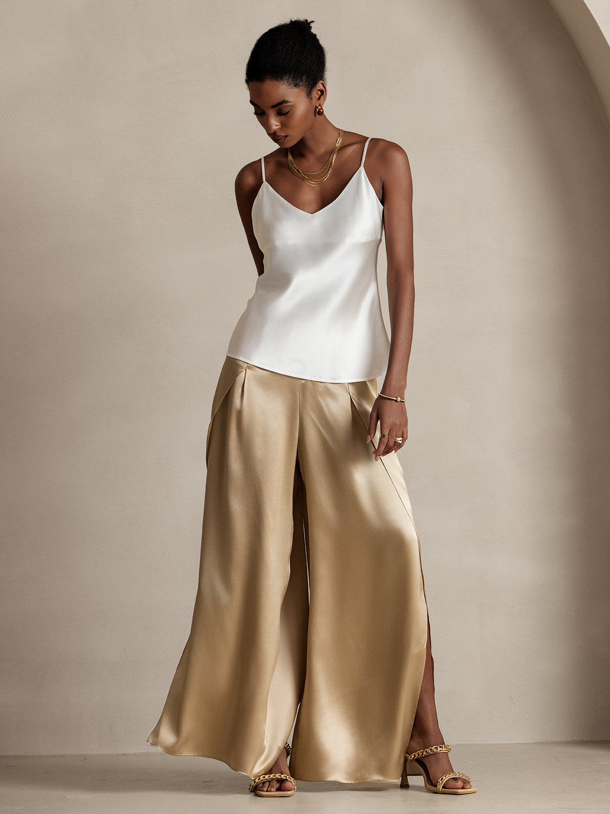 [Champagne] SilkSilky-DK 19Momme Silke Split Damebukser 005