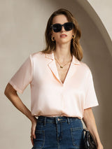 [Lyserød] SilkSilky-DK Short Sleeve Lapel Collar Dameskjorte 001