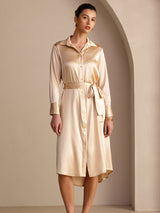 [Champagne] SilkSilky-DK Long Sleeve Lapel Collar Kjole 006