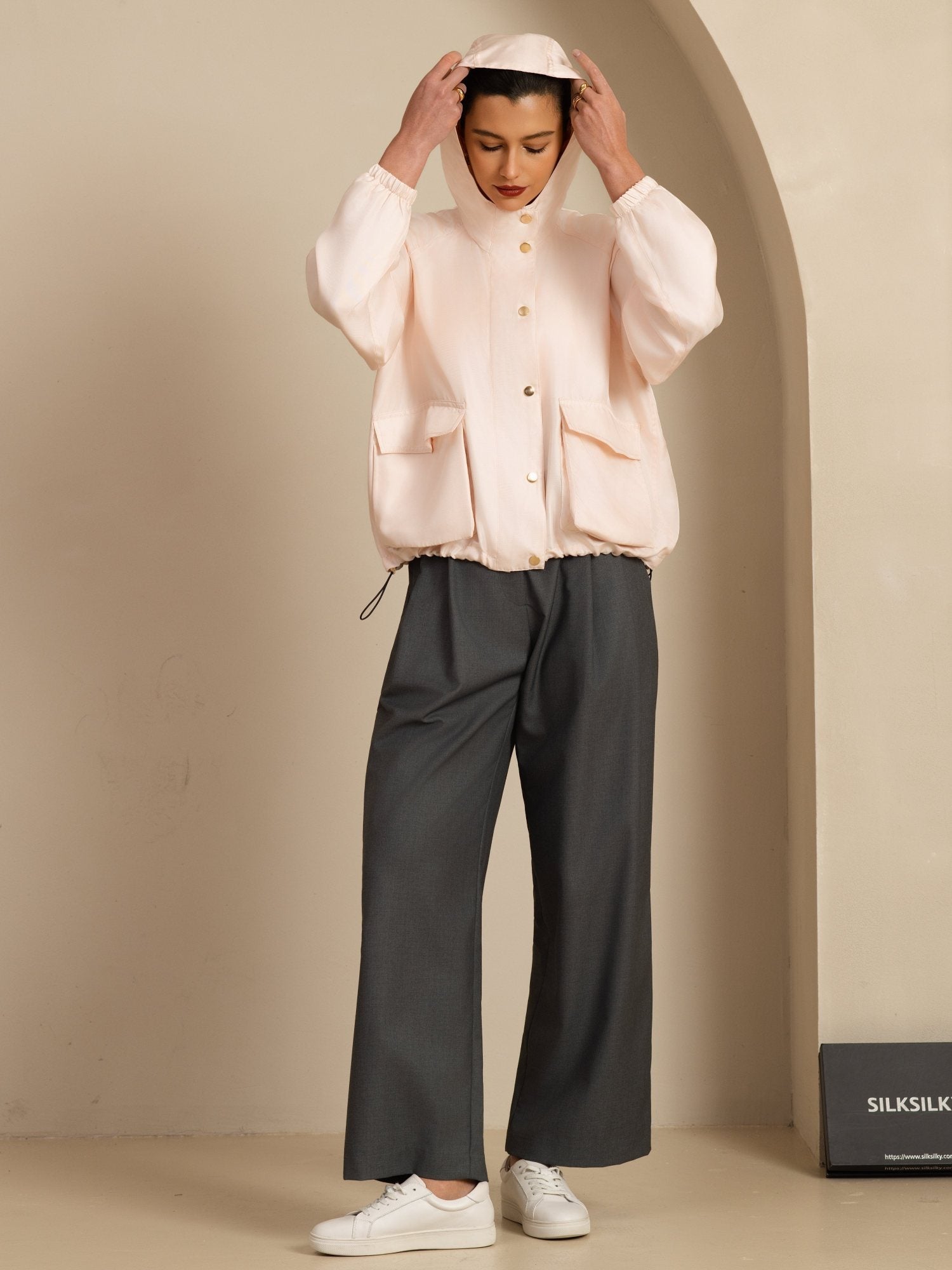 [Lyserød] SilkSilky-DK Langærmet Høj Hals Overtøj til Kvinder 008