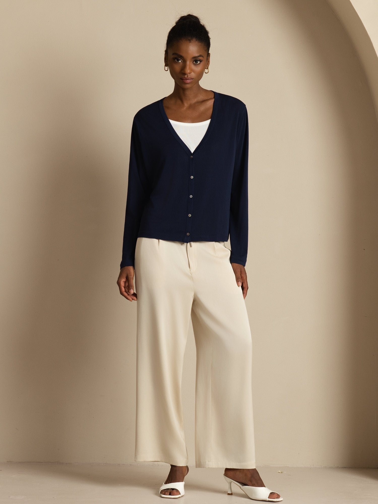 [Mørkeblå] SilkSilky-DK 19Momme Silke Langærmet V Hals Dame Cardigan 008