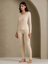 [Beige] SilkSilky-DK Long Sleeve V Neck Dame Lange Underbukser 007