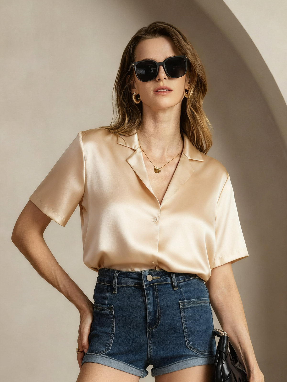 [Champagne] SilkSilky-DK 19Momme Silke Womens Shirt 005