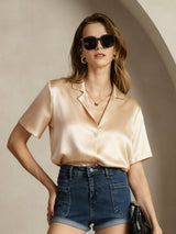 [Champagne] SilkSilky-DK Short Sleeve Lapel Collar Dameskjorte 005