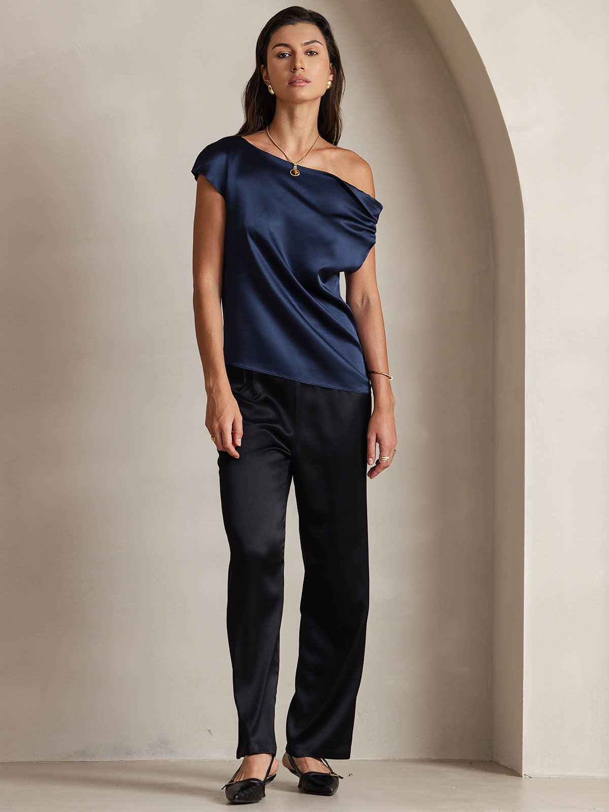SilkSilky-DK 19Momme Silke Womens T-Shirt Mørkeblå 005