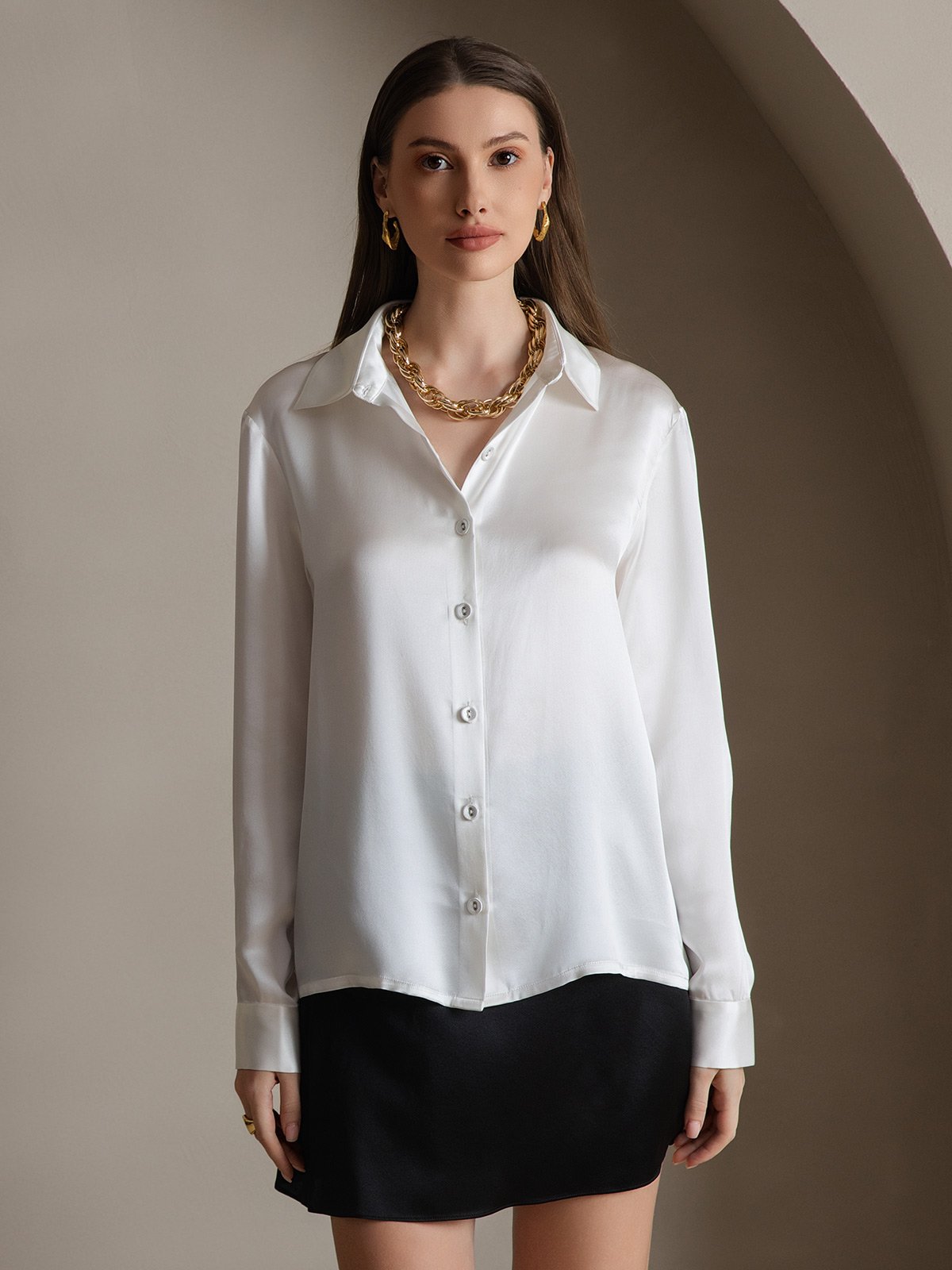 [Hvid] SilkSilky-DK 19Momme Silke Womens Shirt 006