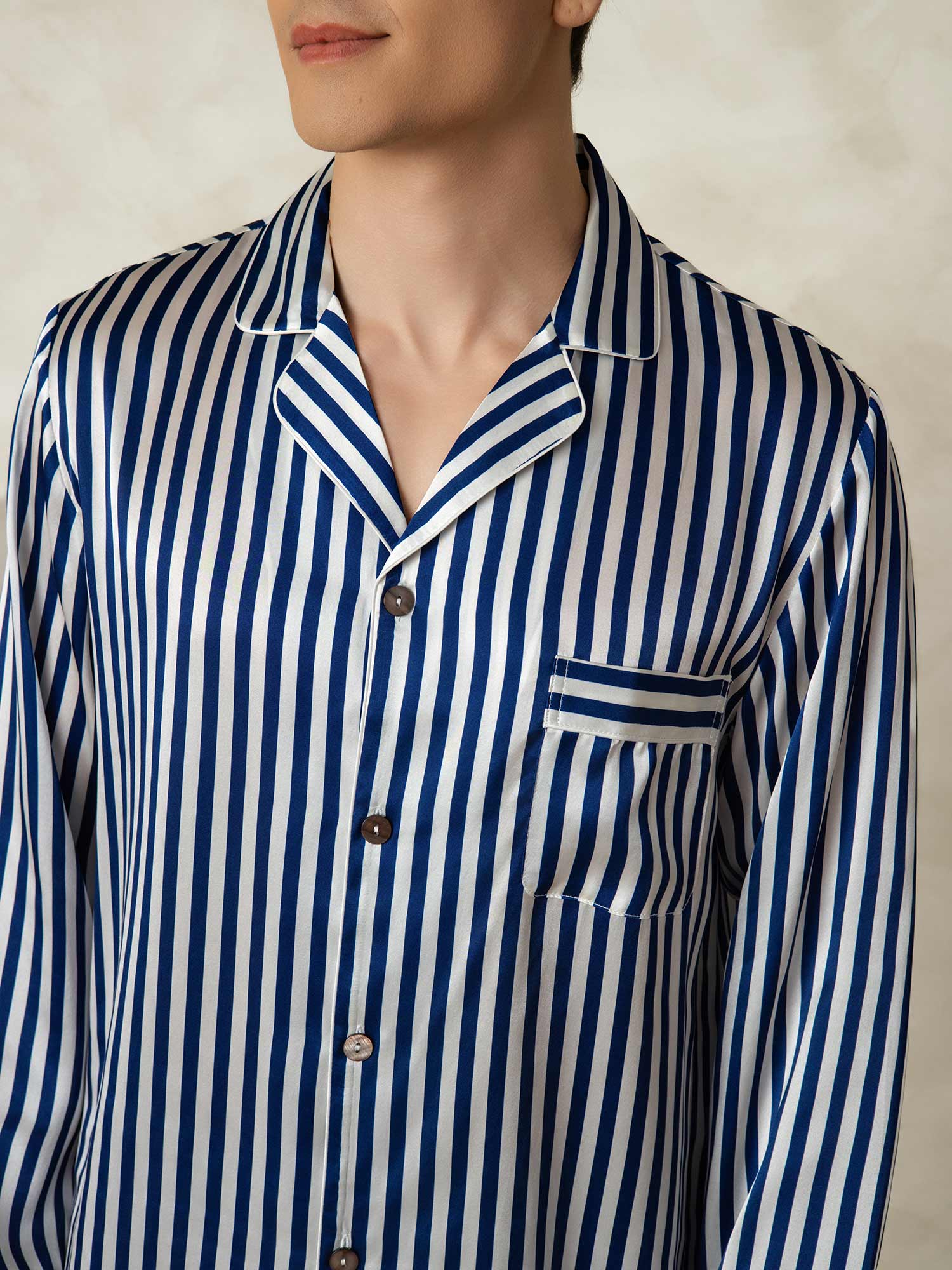 [Marine Stribe] SilkSilky-DK 19Momme Mens Pajamas 006