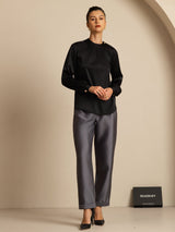 [Sort] SilkSilky-DK 19Momme Langærmet Rund Hals Bluse 007