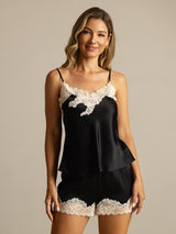 [Sort] SilkSilky-DK Spaghetti Rem V Hals Camisole Sæt 001