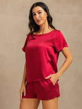 [Vin] SilkSilky-DK 19Momme Kort ærme Rund Hals Dame Pyjamas 003