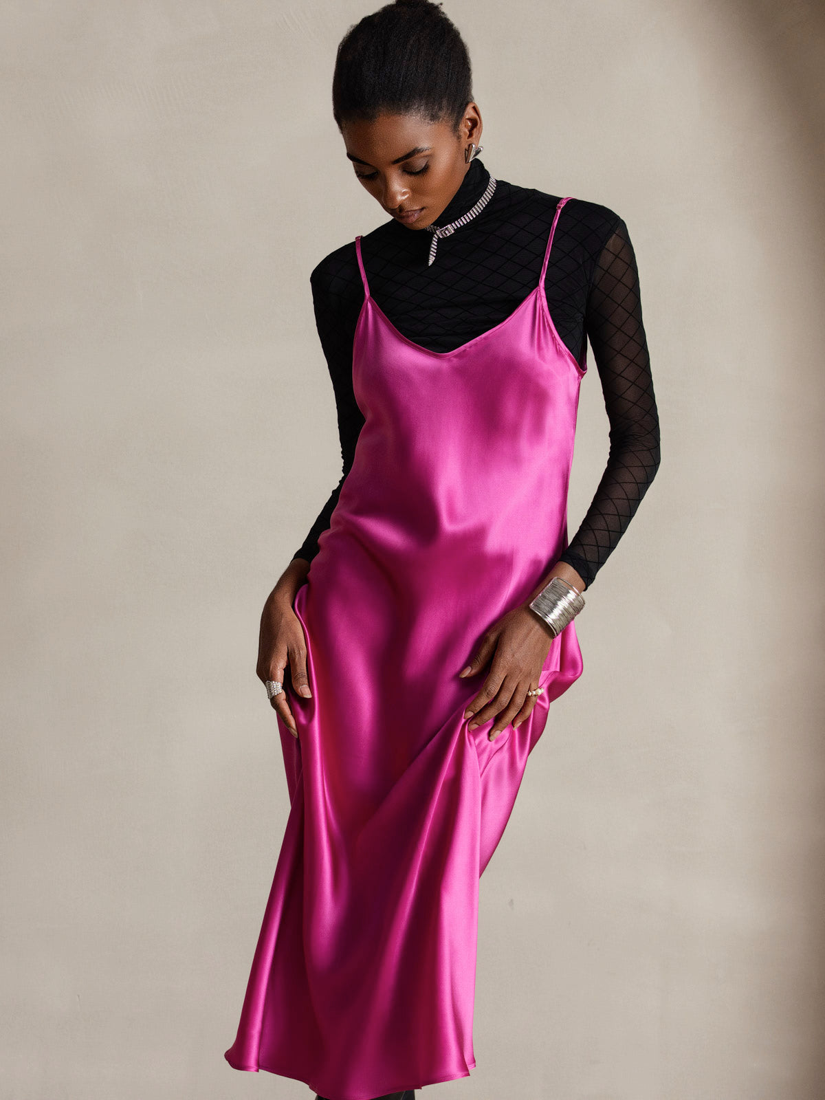 [Rosenrød] SilkSilky-DK Spaghetti Rem V Hals Kjole 005