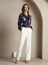 [Marine Blomster] SilkSilky-DK Long Sleeve Lapel Collar Dameskjorte 003