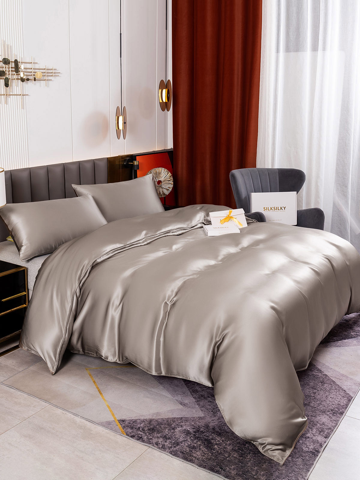 [Grå] SilkSilky-DK 19Momme Bedding Set 004