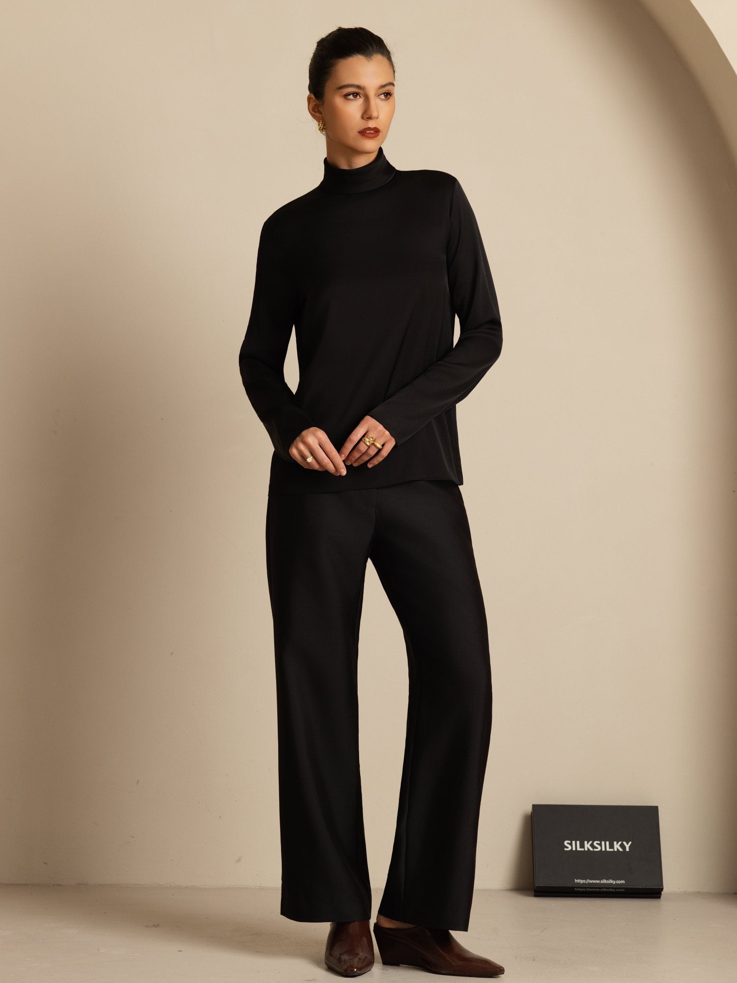 [Sort] SilkSilky-DK 19Momme Silke Langærmet Rullekrave T-shirt til kvinder 005