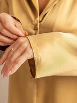[Tan] SilkSilky-DK 19Momme Langærmet Notchkrage Dame Pyjamas 006