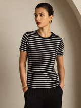 [Sort Stribe] SilkSilky-DK Short Sleeve Crew Neck T-shirt til kvinder 001