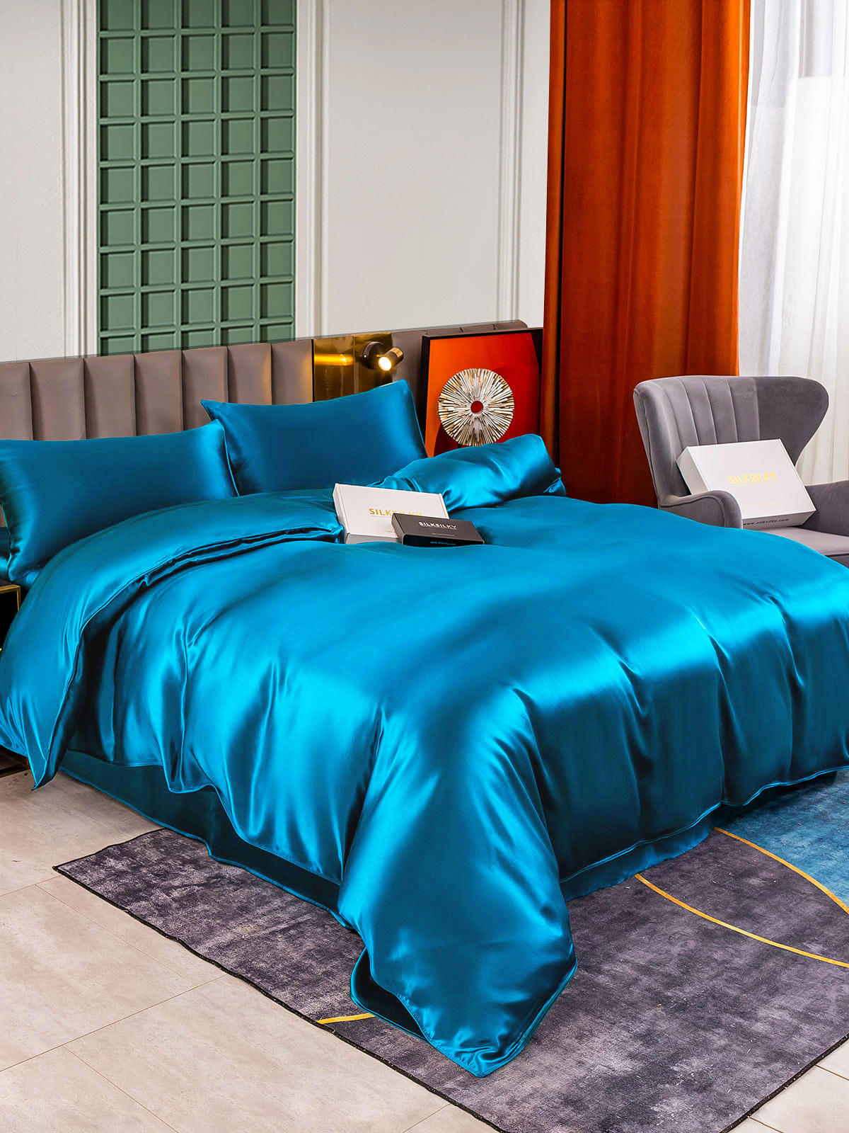 [Blågrøn] SilkSilky-DK 25Momme Bedding Set 004