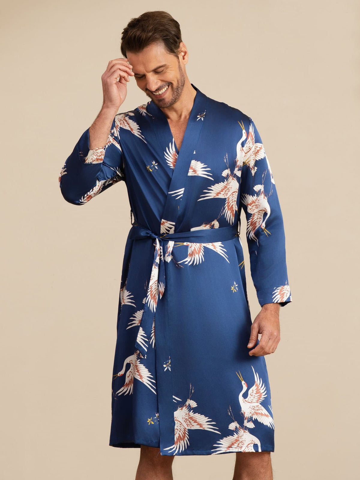 [Mørkeblå] SilkSilky-DK 19Momme Mens Robe 002