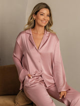 [Ferskenhud] SilkSilky-DK 19Momme Langærmet Notchkrage Dame Pyjamas 008