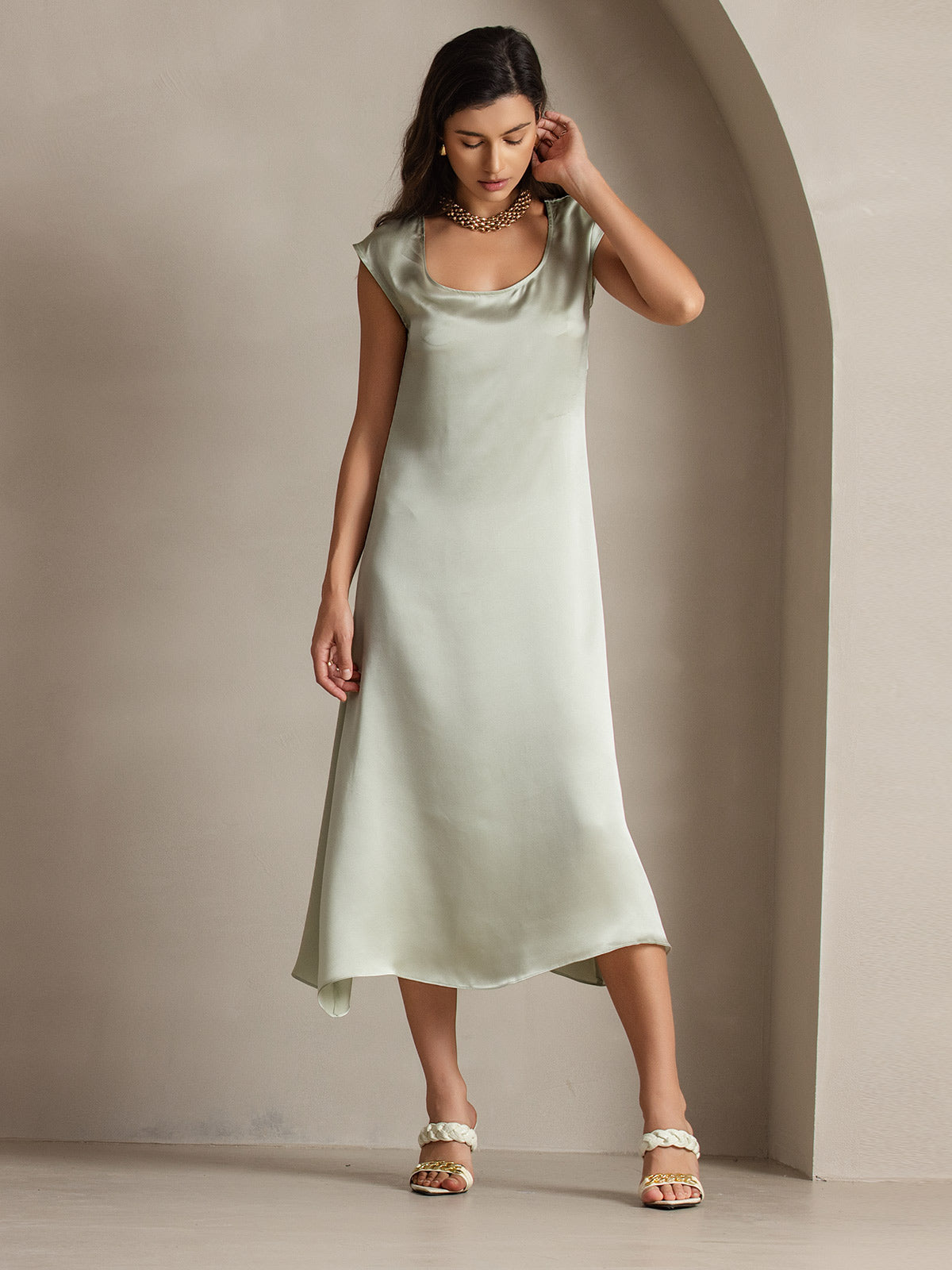 [Lysegrøn] SilkSilky-DK 19Momme Silke Dress 003