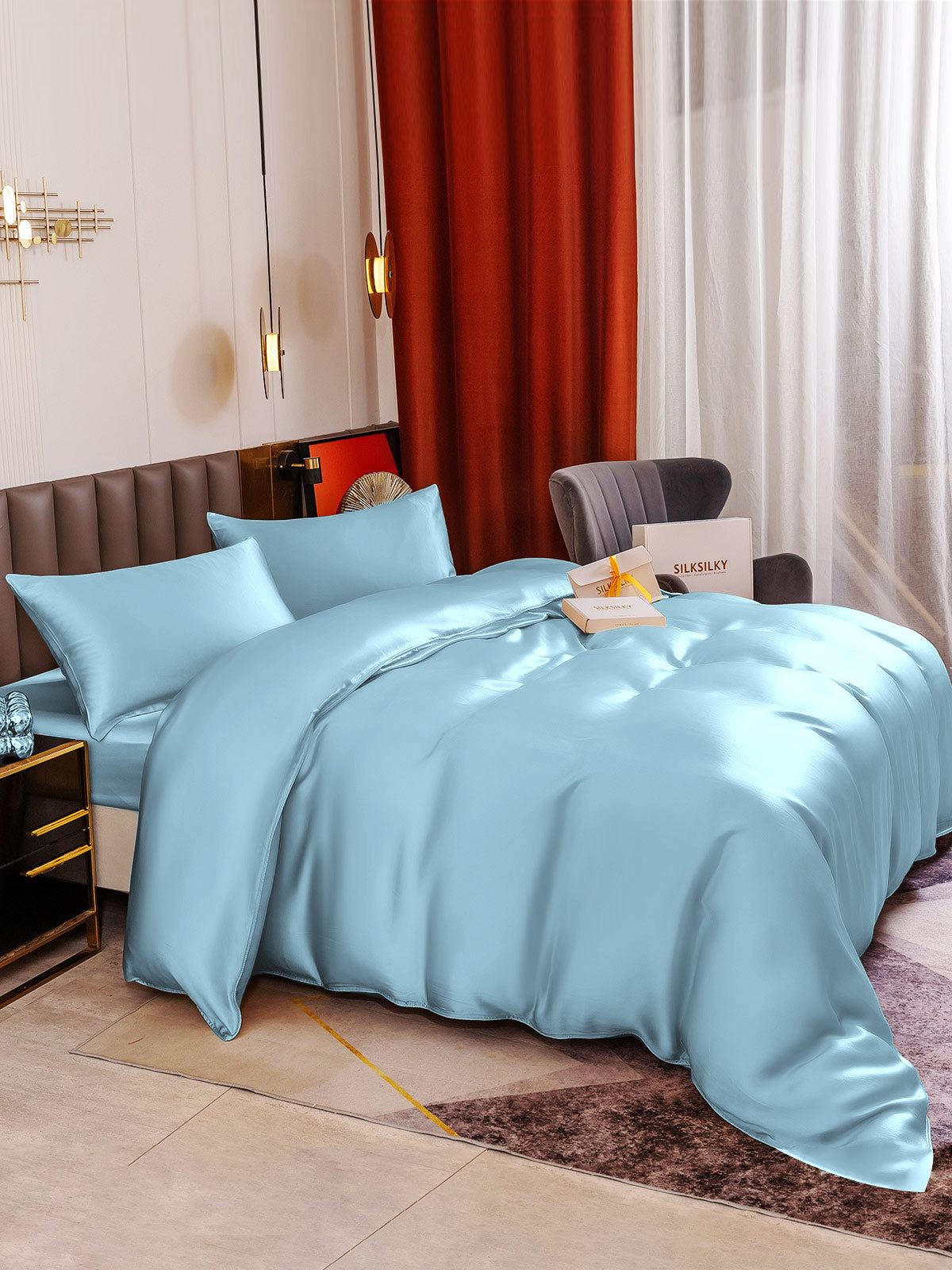 [Lyseblå] SilkSilky-DK 19Momme Bedding Set 005